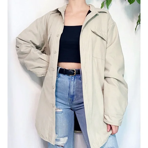 Vintage Oversized Neutral Beige Cozy Quilted Button Down Jacket - Picture 2 of 8